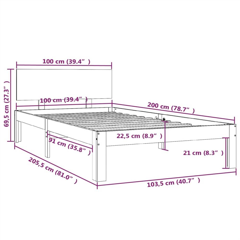 Bed Frame Grey Solid Wood Pine 100x200 cm