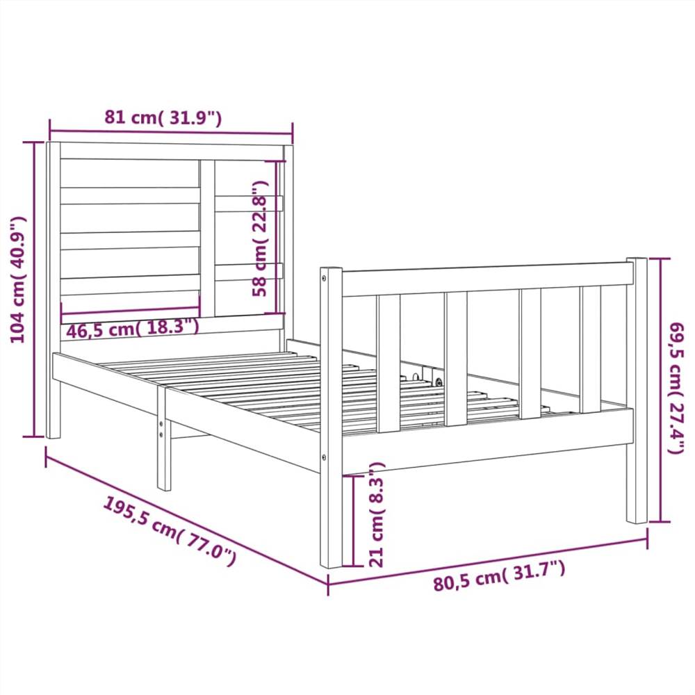 Bed Frame White Solid Wood 75x190 cm 2FT6 Small Single