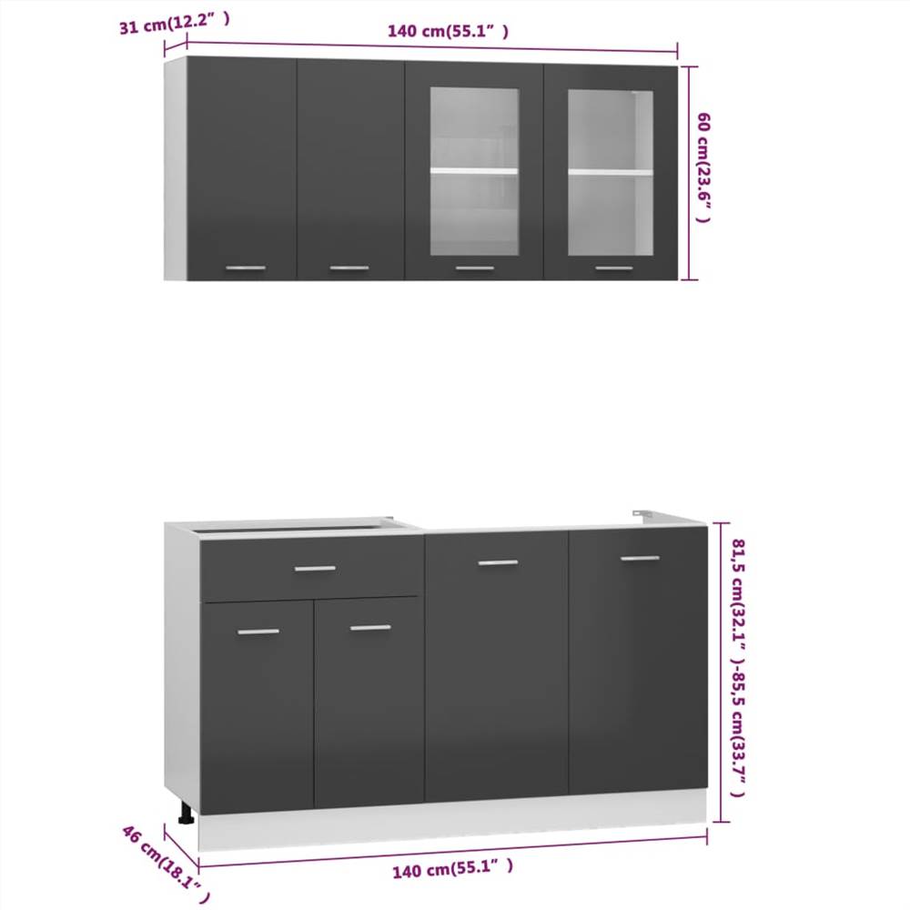 4 Piece Kitchen Cabinet Set with Worktop High Gloss Grey