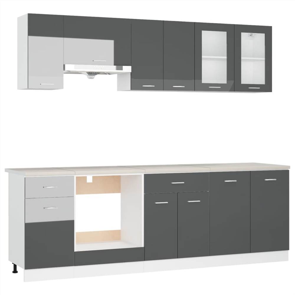 8 Piece Kitchen Cabinet Set with Worktop High Gloss Grey