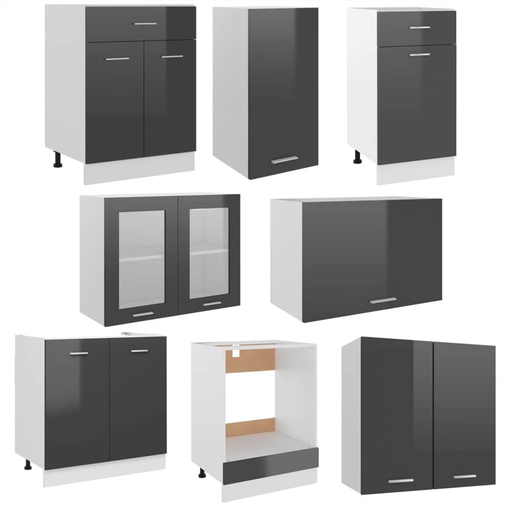 8 Piece Kitchen Cabinet Set with Worktop High Gloss Grey
