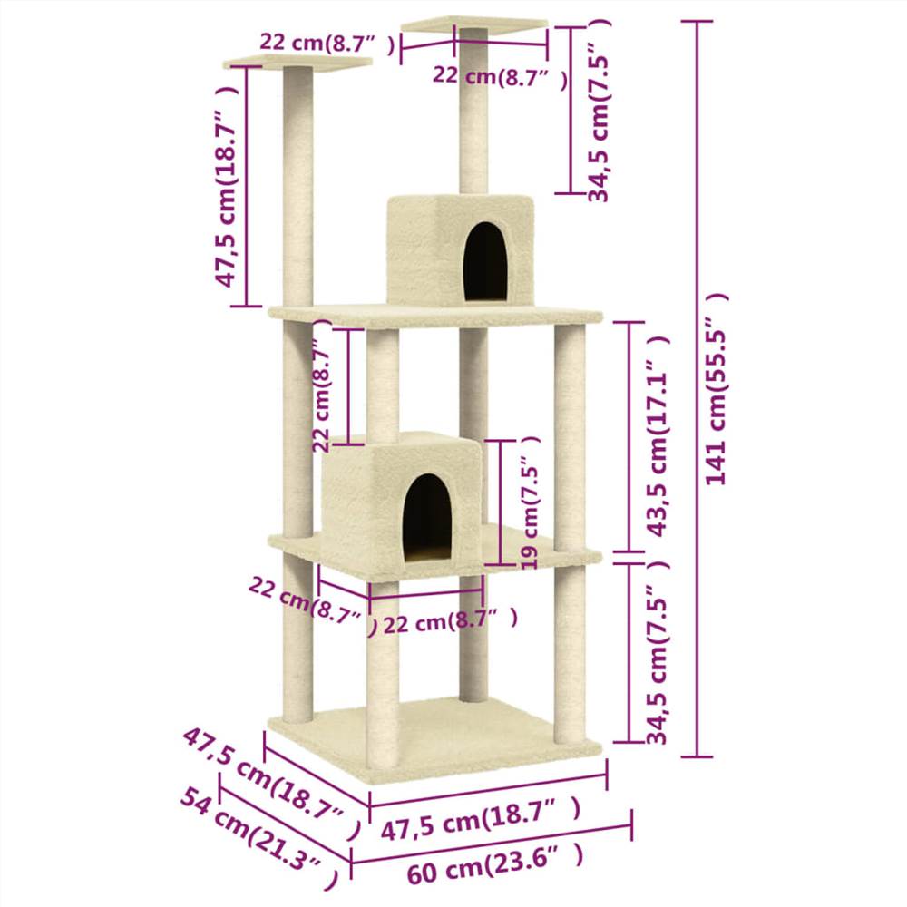 Cat Tree with Sisal Scratching Posts Cream 141 cm