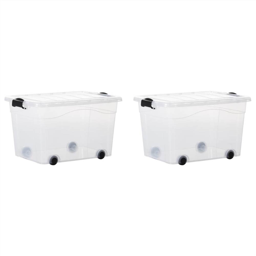 Storage Boxes with Wheels & Lids 2 pcs Transparent 60 L