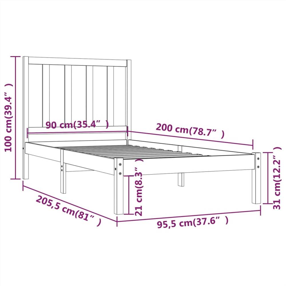 Bed Frame Grey Solid Wood Pine 90x200 cm