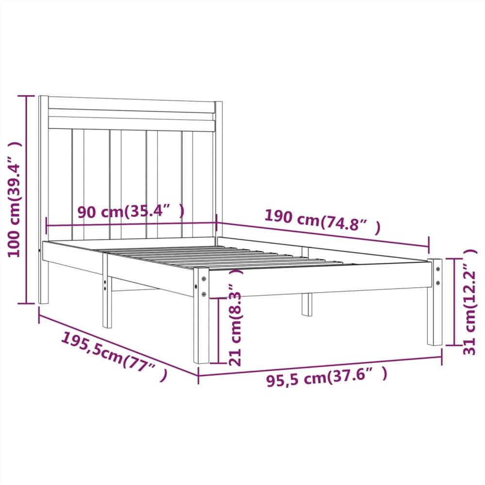 Bed Frame Black Solid Wood 90x190 cm 3FT Single