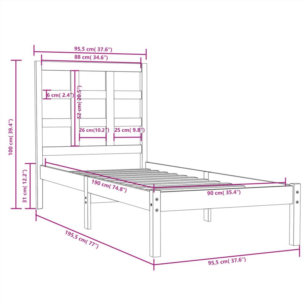 Bed Frame Solid Wood 90x190 cm 3FT Single