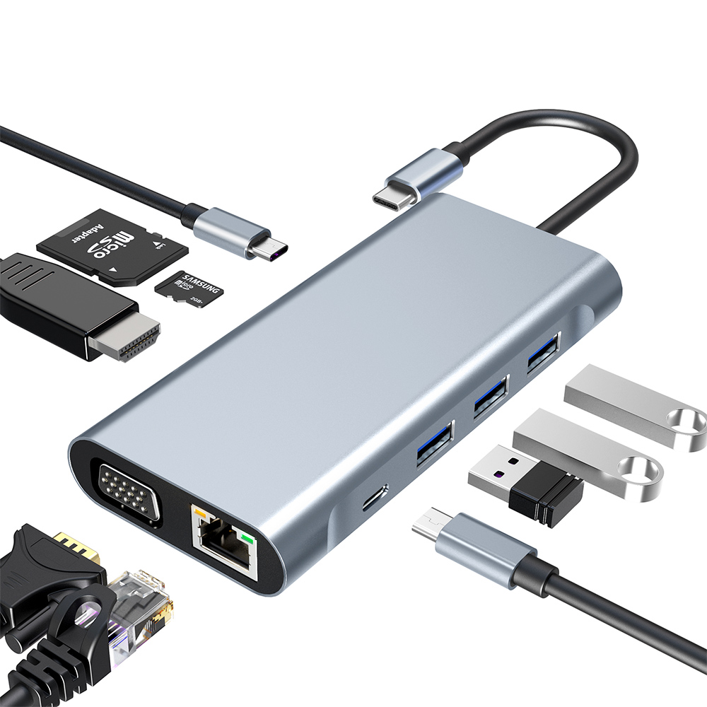 Type-C Hub 10 in 1 USB C ถึง 4K HDMI + RJ45 + PD 100W Charge + USB3.0 + VGA + SD/TF card reader Dock สำหรับ MacBook Windows แล็ปท็อป