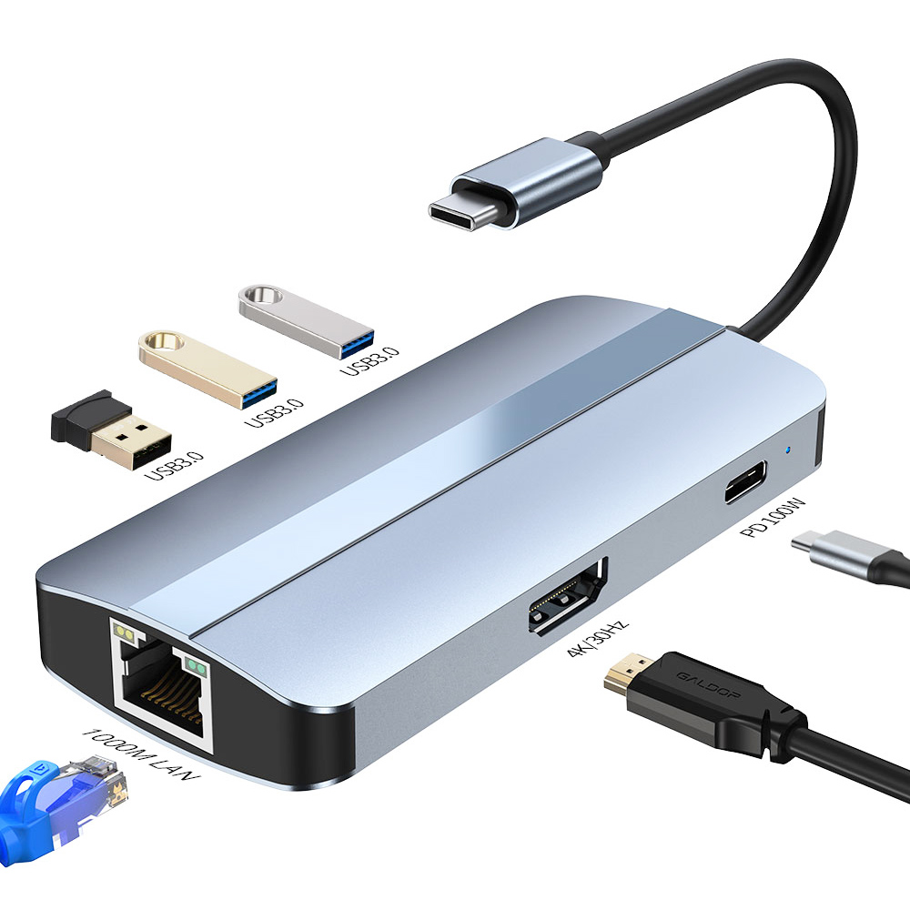 Type-C Hub 6 az 1-ben USB C – 4K HDMI+1000M RJ45+PD 100W töltés+USB 3.0*3 dokkoló MacBook Windows laptophoz