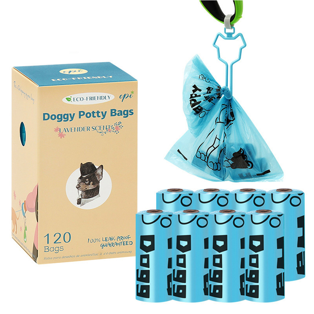 Vuilniszak voor huisdieren Verdikte hondenkakzakken met handsfree clip, EPI afbreekbare afvalzakken voor huisdieren, 8 rollen 120 counts - blauw