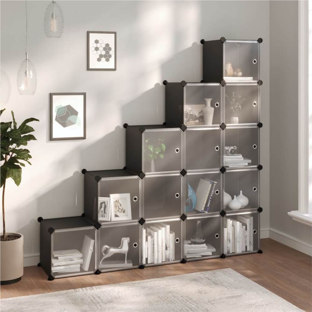 Storage Cube Organiser with 15 Cubes and Doors Black PP