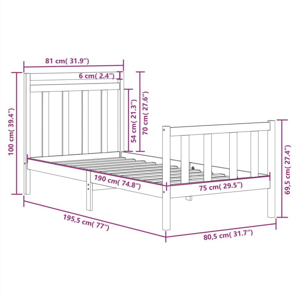 Bed Frame Grey Solid Wood 75x190 cm 2FT6 Small Single