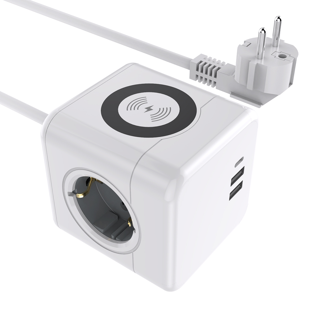 Sopend E07 Powercube Power Strip Socket, EU Plug, 15W Wireless Charging, 3 USB Ports, 3 Outlet, 1.5m Cord - Grey and White