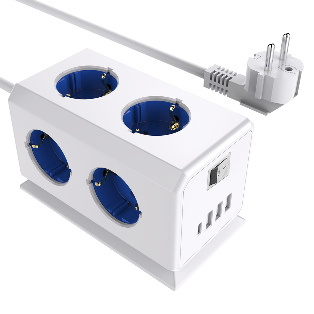 Sopend E08 Powercube Tower Power Strip Socket with Switch, EU Plug, 1.5m Extension Cord, 4 USB Ports, 6 Outlet - Blue
