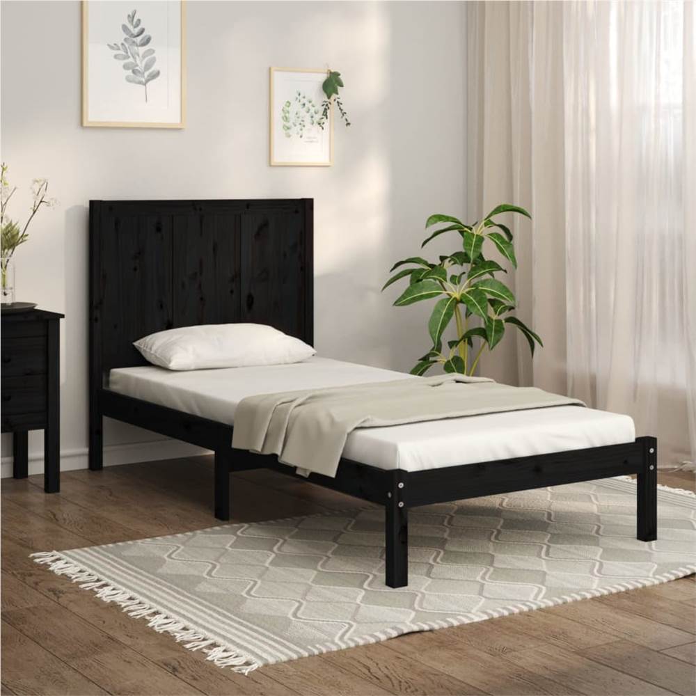 Bed Frame Black Solid Wood Pine 90x190 cm 3FT Single