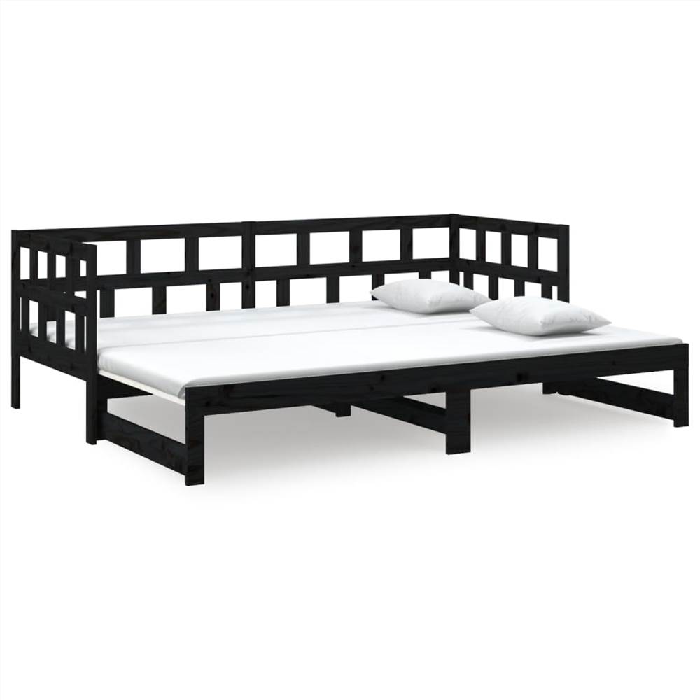 Pull-out Day Bed Black Solid Wood Pine 2x(90x190) cm