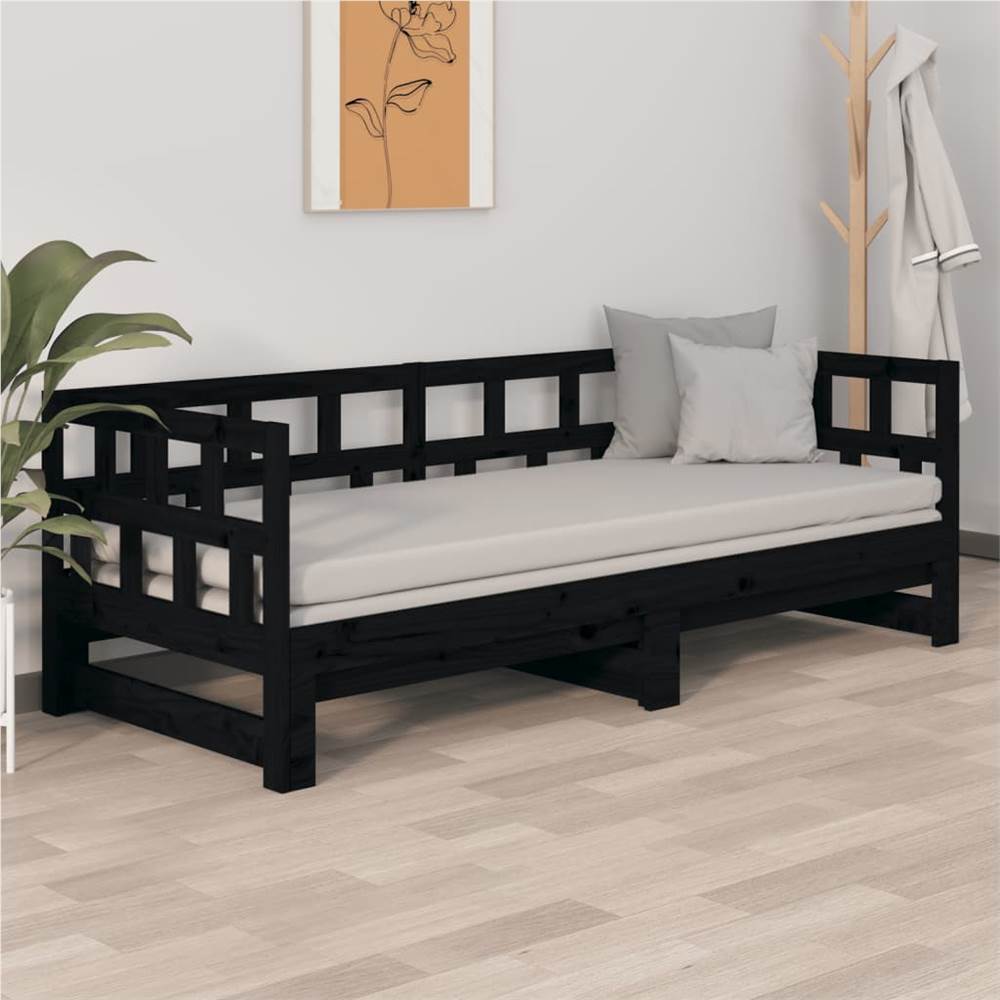 Pull-out Day Bed Black Solid Wood Pine 2x(90x190) cm