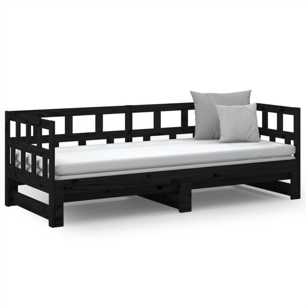 Pull-out Day Bed Black Solid Wood Pine 2x(90x190) cm