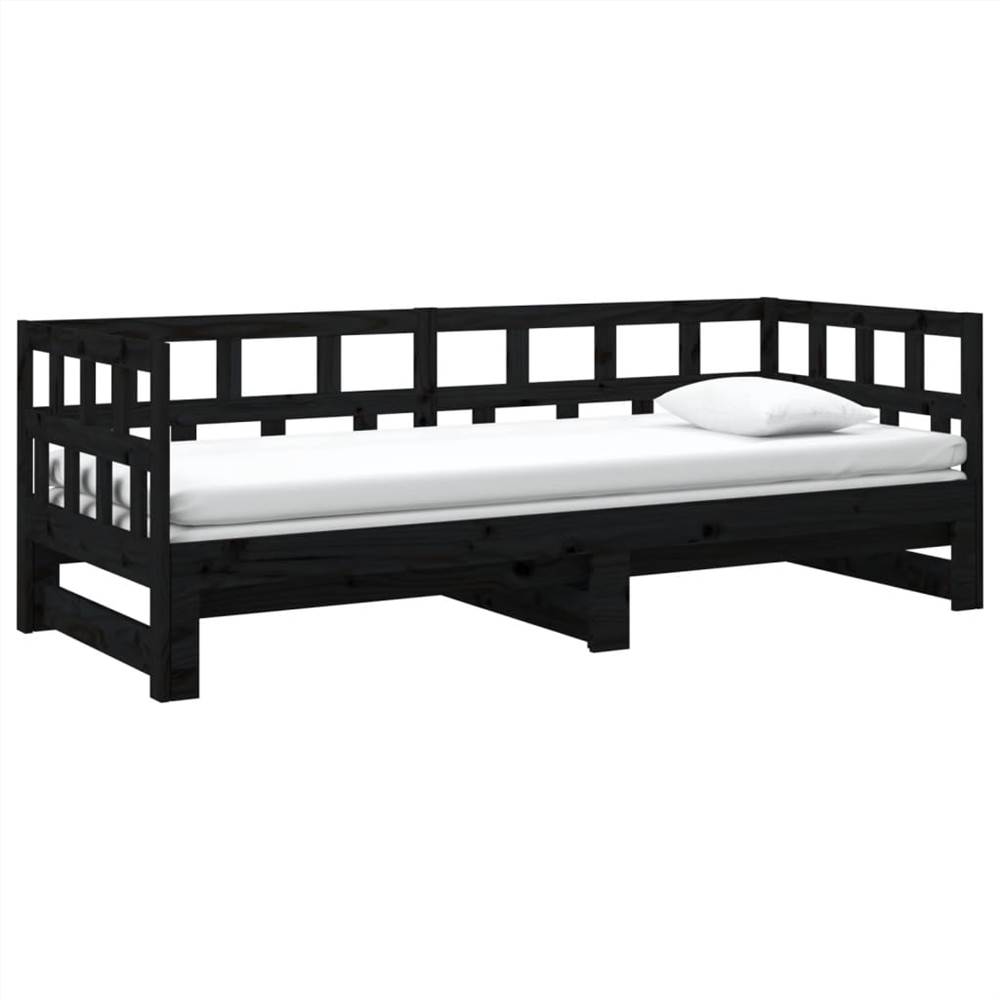 Pull-out Day Bed Black Solid Wood Pine 2x(90x190) cm