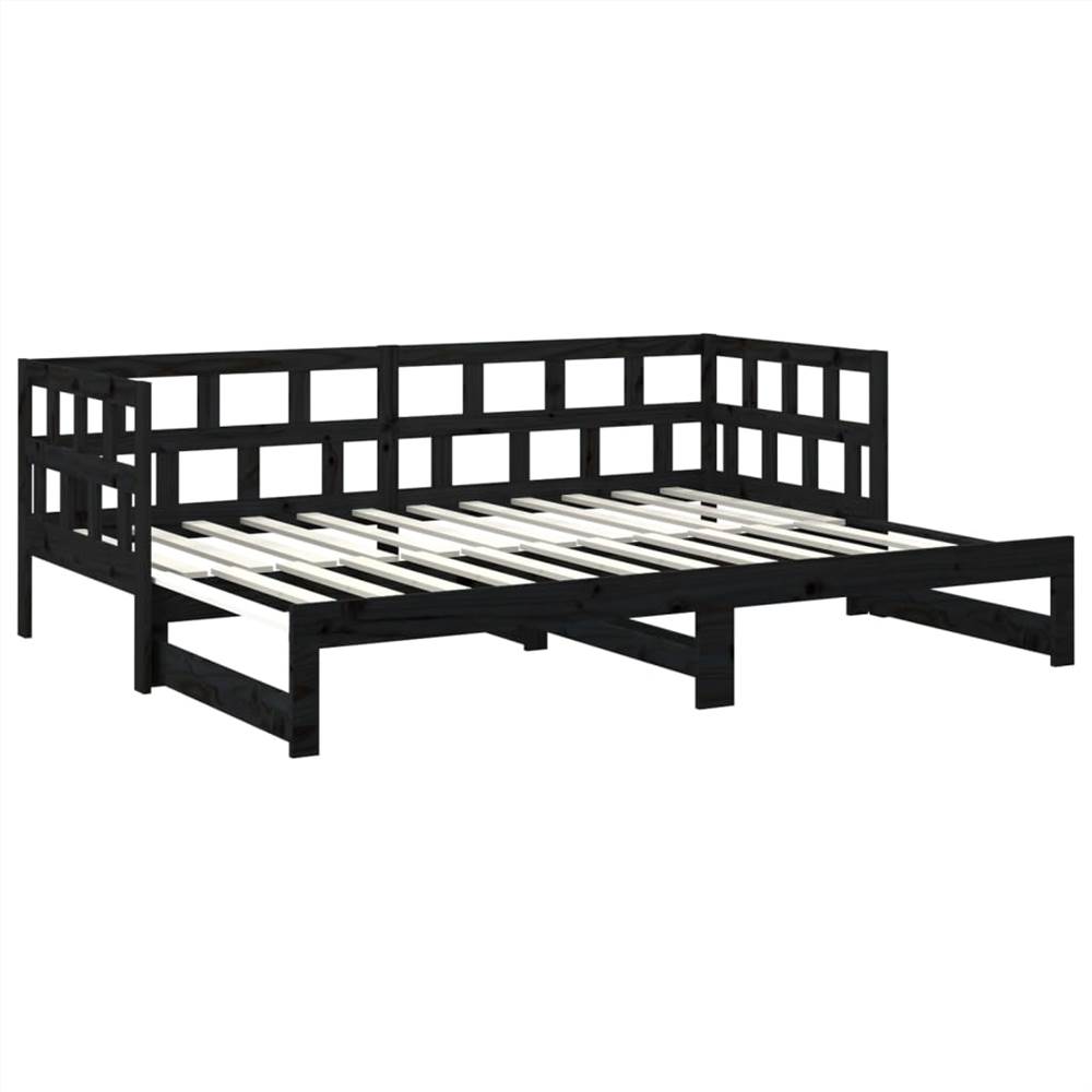 Pull-out Day Bed Black Solid Wood Pine 2x(90x190) cm
