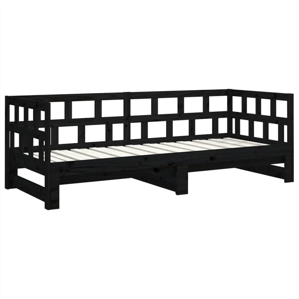 Pull-out Day Bed Black Solid Wood Pine 2x(90x190) cm
