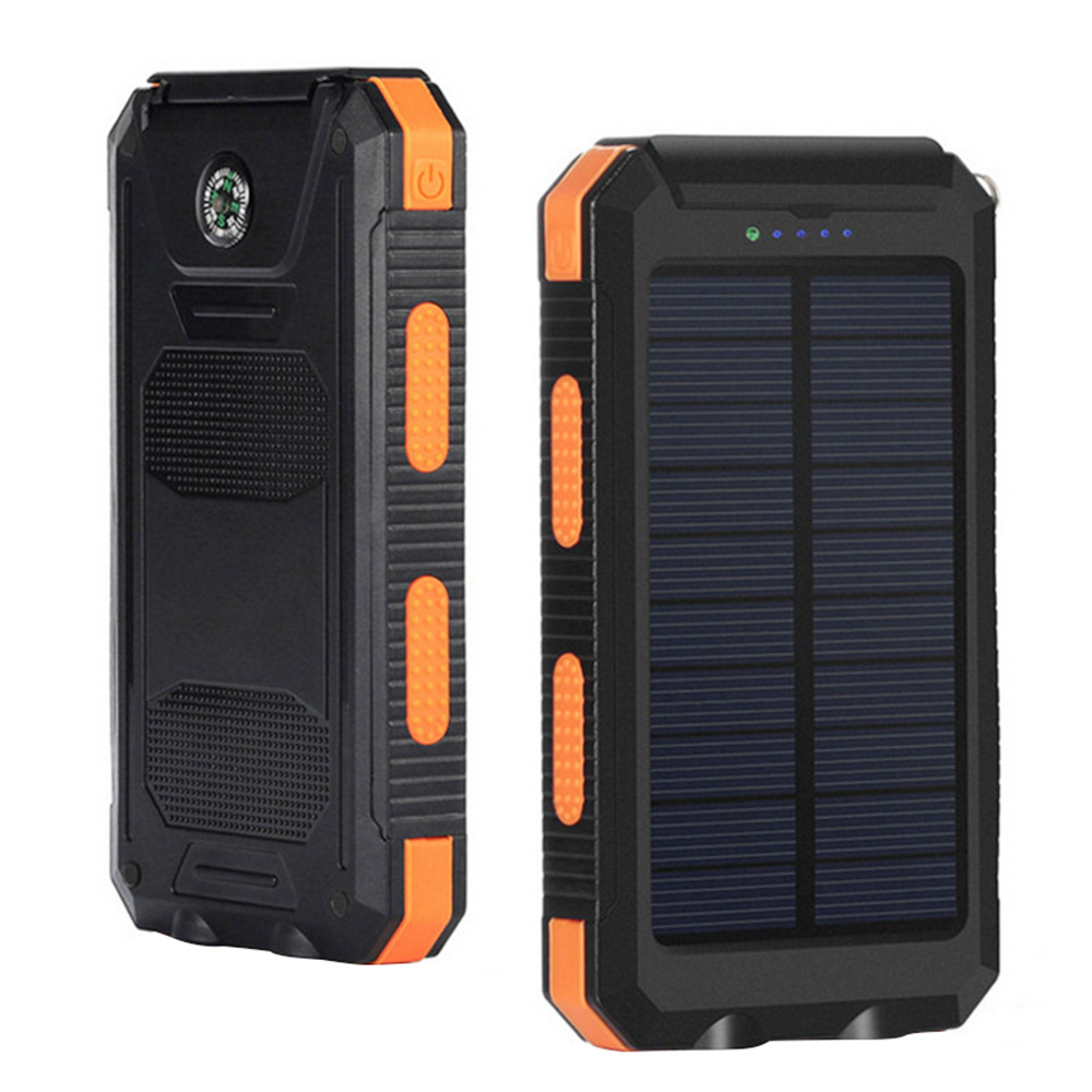 Waterproof 20000mAh Solar Power Bank with Compass, Portable Mobile Phone Charger Battery Pack, 2 USB Outputs, LED Lights - Orange + Black