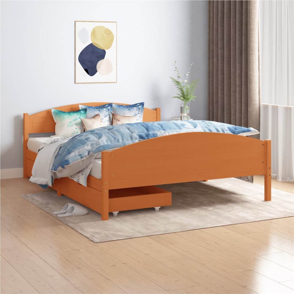 Bed Frame with 2 Drawers Honey Brown Solid Wood Pine 160x200 cm King Size