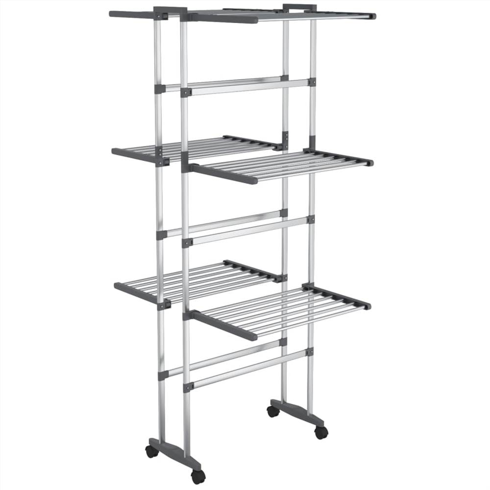 3-Tier Laundry Drying Rack with Wheels Silver 60x70x166 cm