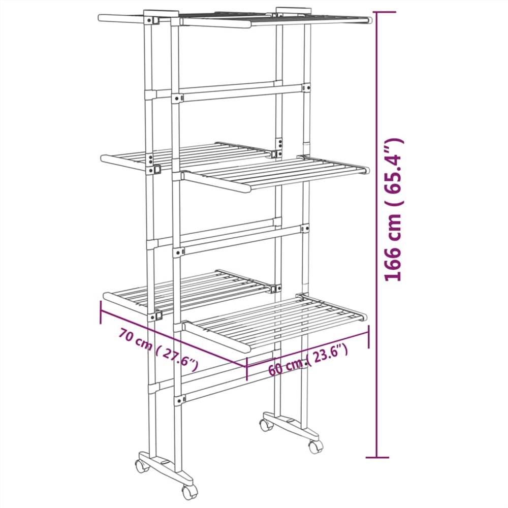 3Tier Laundry Drying Rack with Wheels Silver 60x70x166 cm