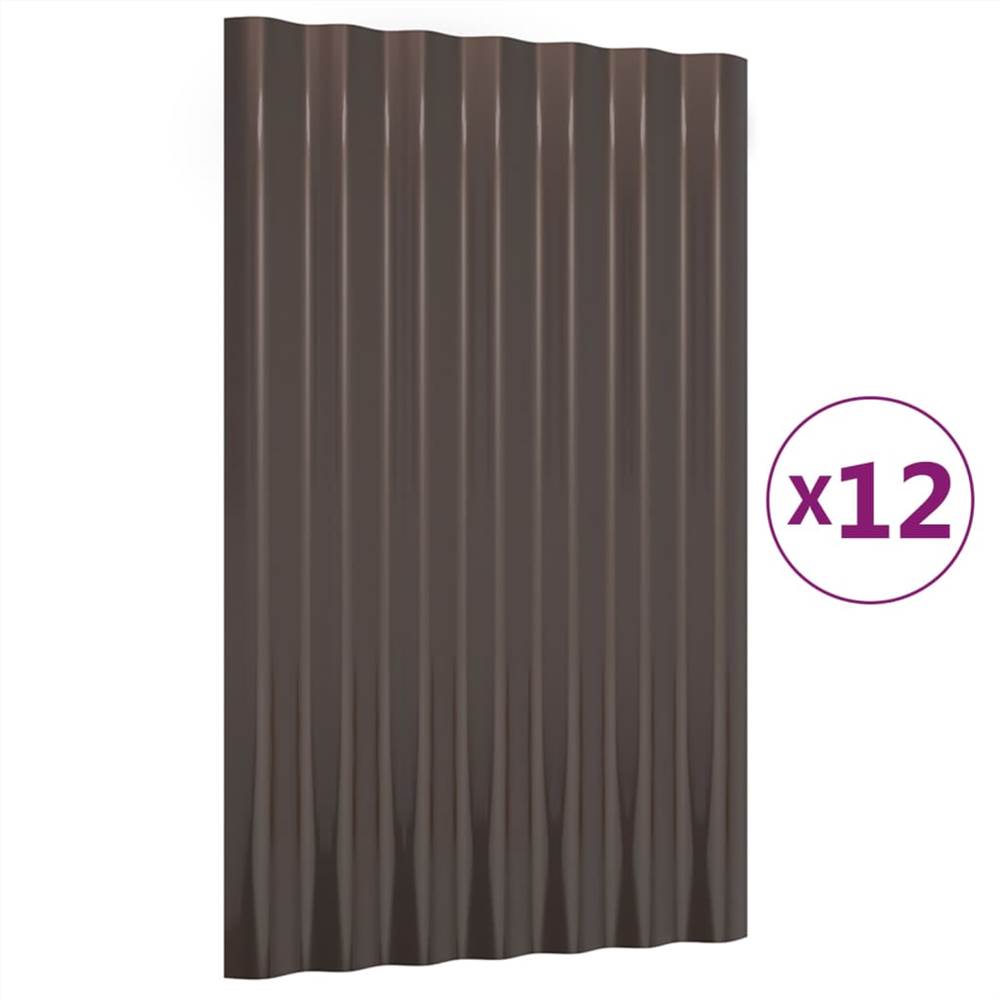 Roof Panels 12 pcs Powder-coated Steel Brown 60x36 cm