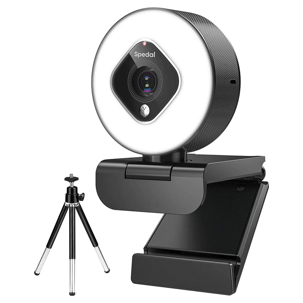 Spedal AF962 Webcam HD1080P with Ring Light and Zoom Lens, 3 Level Adjustable Brightness, with Tripod and Microphones