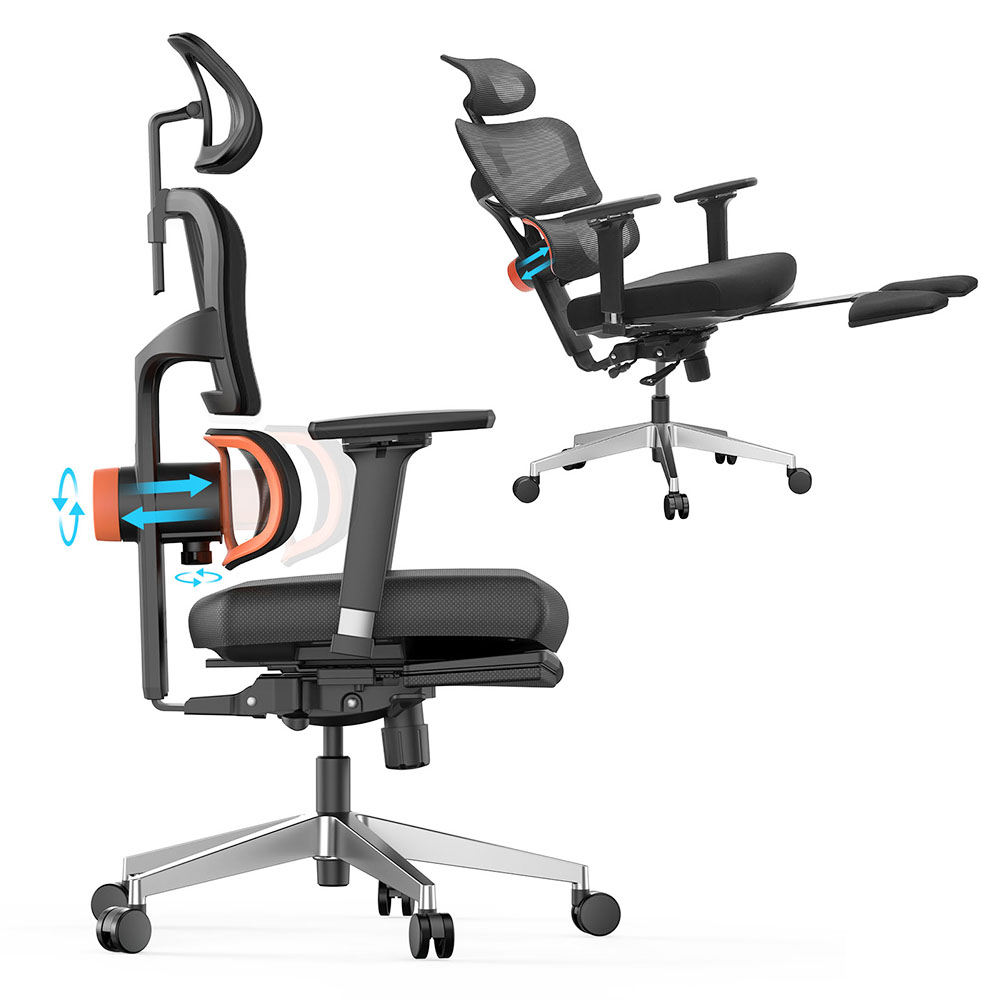NEWTRALNT002人間工学に基づいた椅子フットレスト付きアダプティブロワーバックサポート4リクライニング角度調節可能な背もたれアームレストヘッドレストアルミニウム合金ベースをロックする5つの位置-プロバージョン