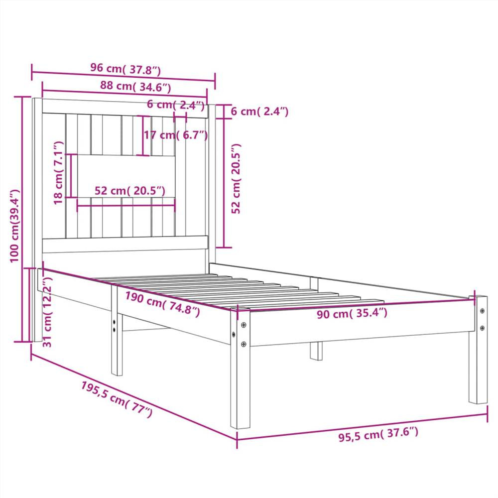 Bed Frame Black Solid Wood 90x190 cm 3FT Single