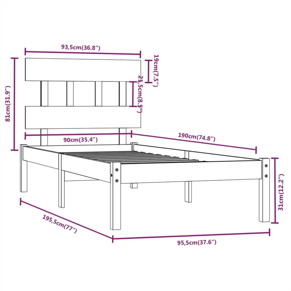 Bed Frame White Solid Wood 90x190 cm 3FT6 Single