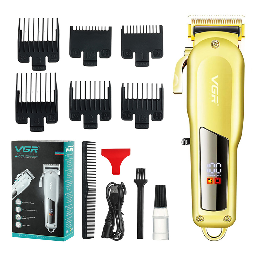 VGR V-278 Rechargeable Electric Hair Clipper, Cordless Hair Trimmer Haircut Machine, 2000mAh Battery, LED Display, 180min Runtime - Golden