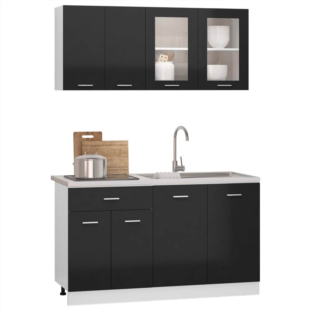 4 Piece Kitchen Cabinet Set with Worktop High Gloss Black