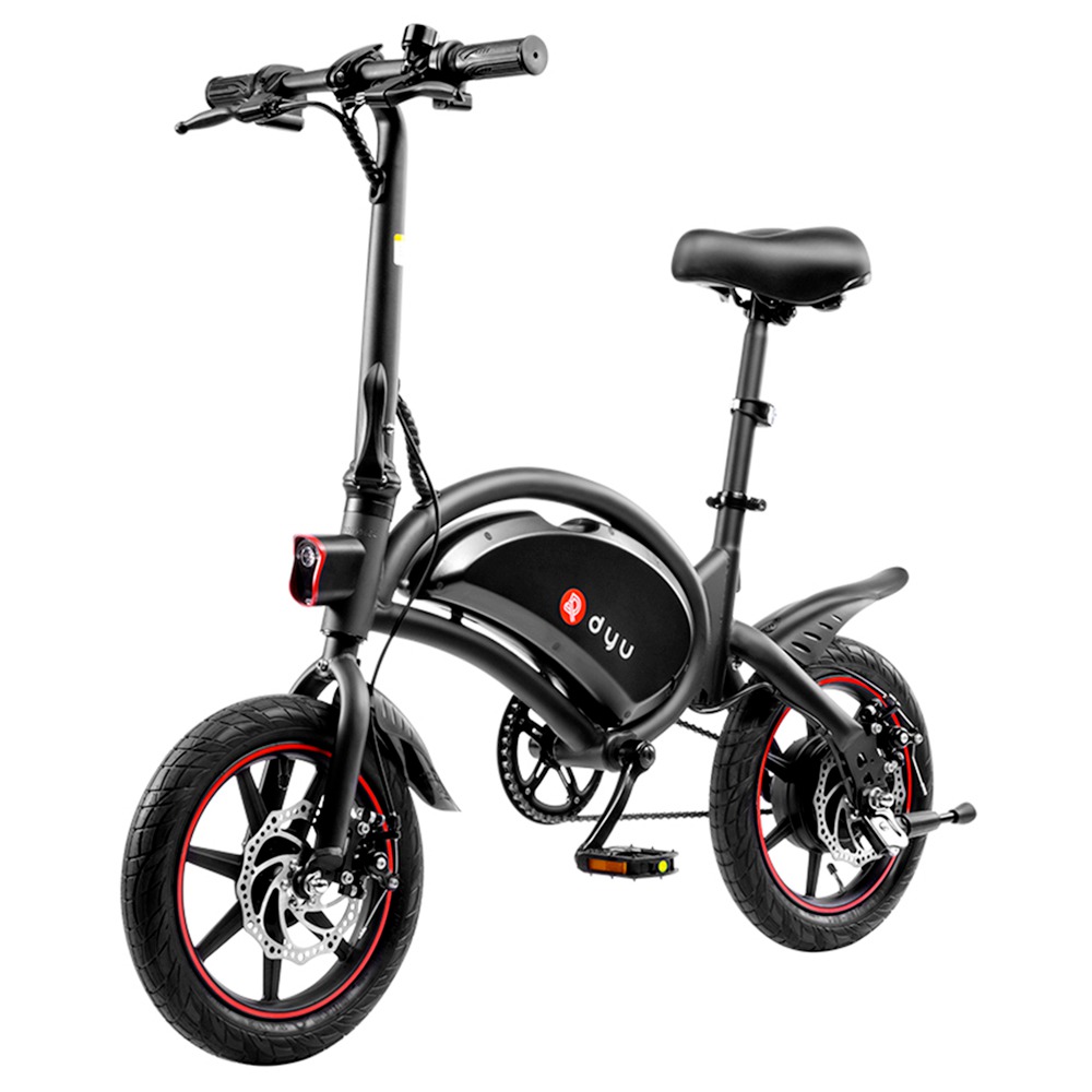 DYU D3F with Pedal Folding Moped Electric Bike 14 Inch Inflatable Rubber Tires 240W Motor 10Ah Battery Max Speed 25km/h Up To 45km Range Dual Disc Brakes Adjustable Height - Black
