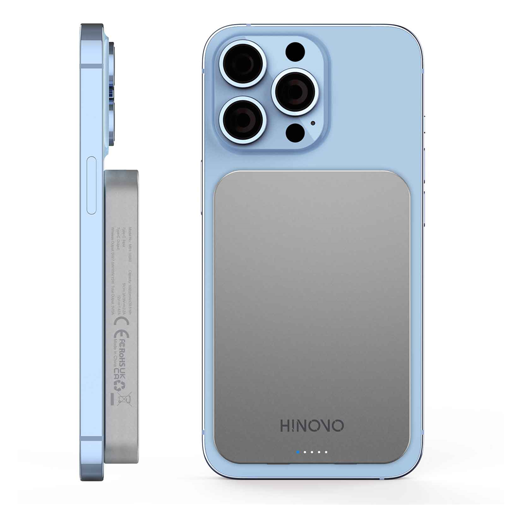 HINOVO MB1-10000 ที่ชาร์จแบบพกพาแบบไร้สาย 10000mAh แบตสำรองแม่เหล็กไร้สาย Magnetic Juice Battery Pack, ใช้งานร่วมกับ MagSafe Magnetic Phone Case, ชุดแบตเตอรี่ชาร์จแบบไร้สายสำหรับ iPhone 14/13/12 Series Fast-Charging Ultra Slim & Light