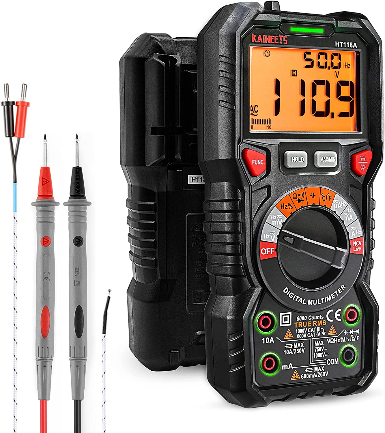 KAIWEETS HT118A Digital Multimeter TRMS, 6000 Counts, Voltmeter, Auto-Ranging, Mäter noggrant spänningsströmförstärkarmotstånd