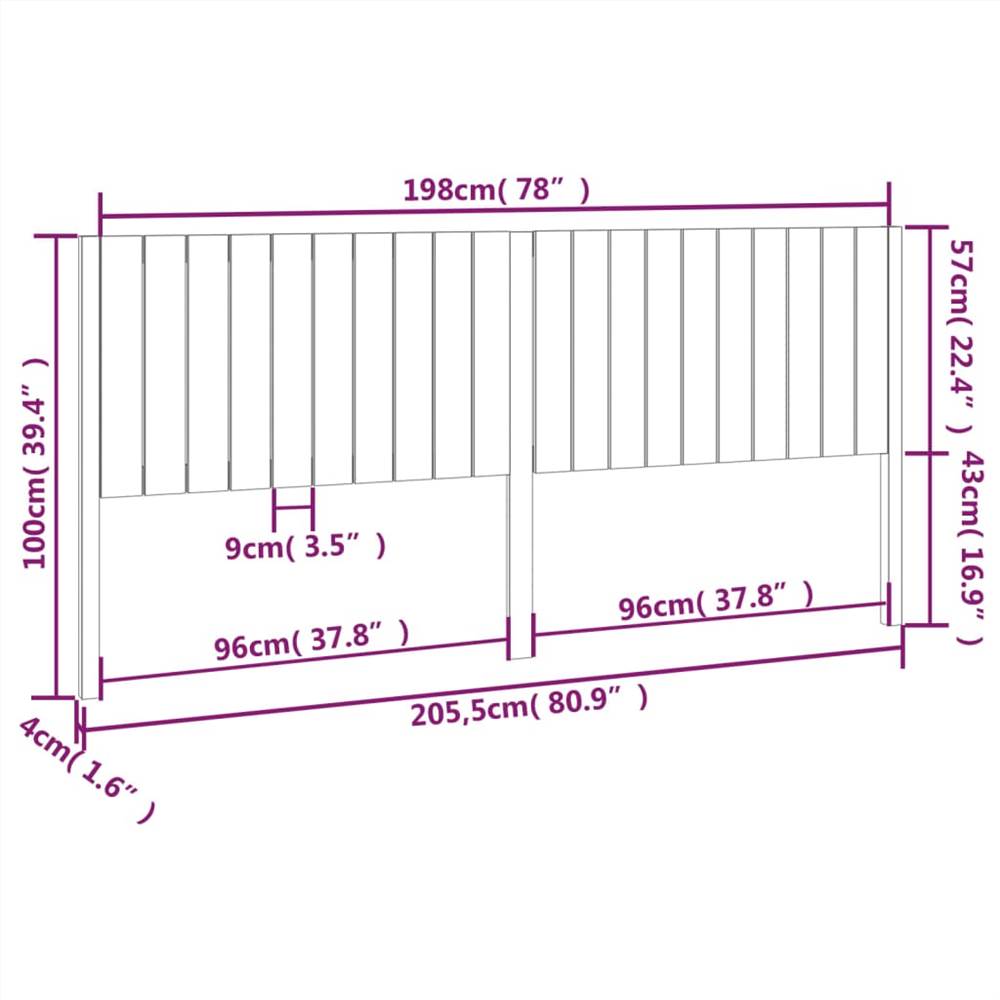 Bed Headboard Grey 205.5x4x100 cm Solid Wood Pine