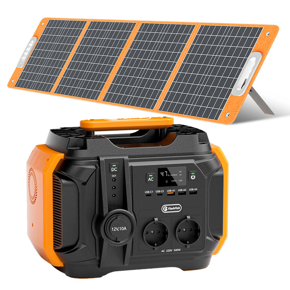 FF Flashfish A501 540Wh 500W Portable Power Station + TSP 18V 100W Folding Solar Panel Emergency Energy Kit, AC 230V Output Portable Solar Generator CPAP Battery Failures Emergency Power Supply for Motorhomes/Vans Outdoor Camping