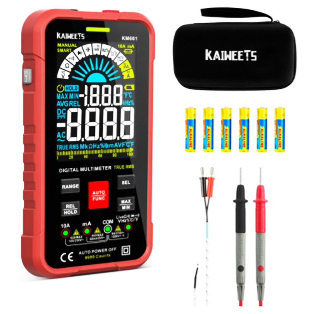 Multimetr cyfrowy KAIWEETS KM601, miernik True-RMS 10000 zliczeń, tryb ręczny Smart Mode, gniazda LED Lightning, Auto-Lock - czerwony