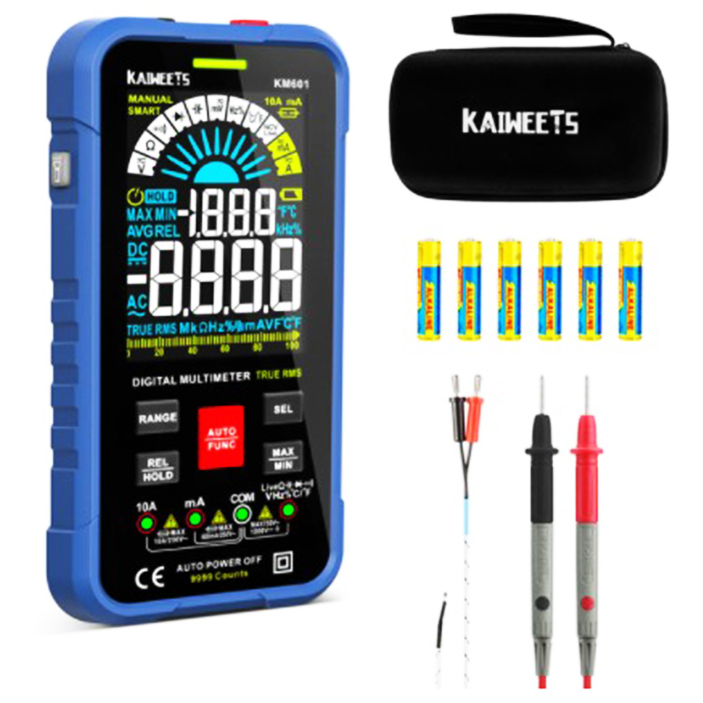 Multimètre numérique KAIWEETS KM601, mètre True-RMS 10000 points, mode manuel en mode intelligent, prises Lightning LED, verrouillage automatique - Bleu