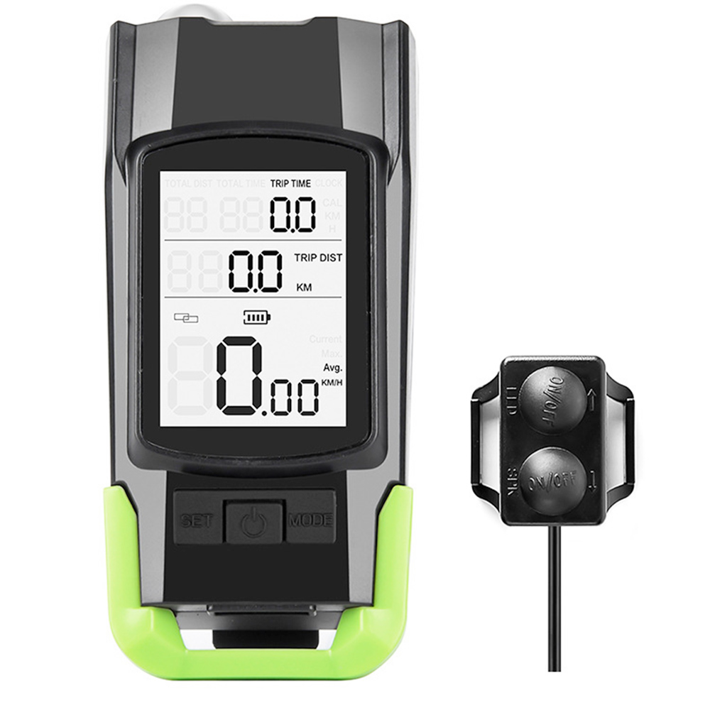 3-i-1 cykelhastighetsmätare trådlös USB uppladdningsbar dubbel T6 LED cykelljus cykeldator med larmhorn - grön