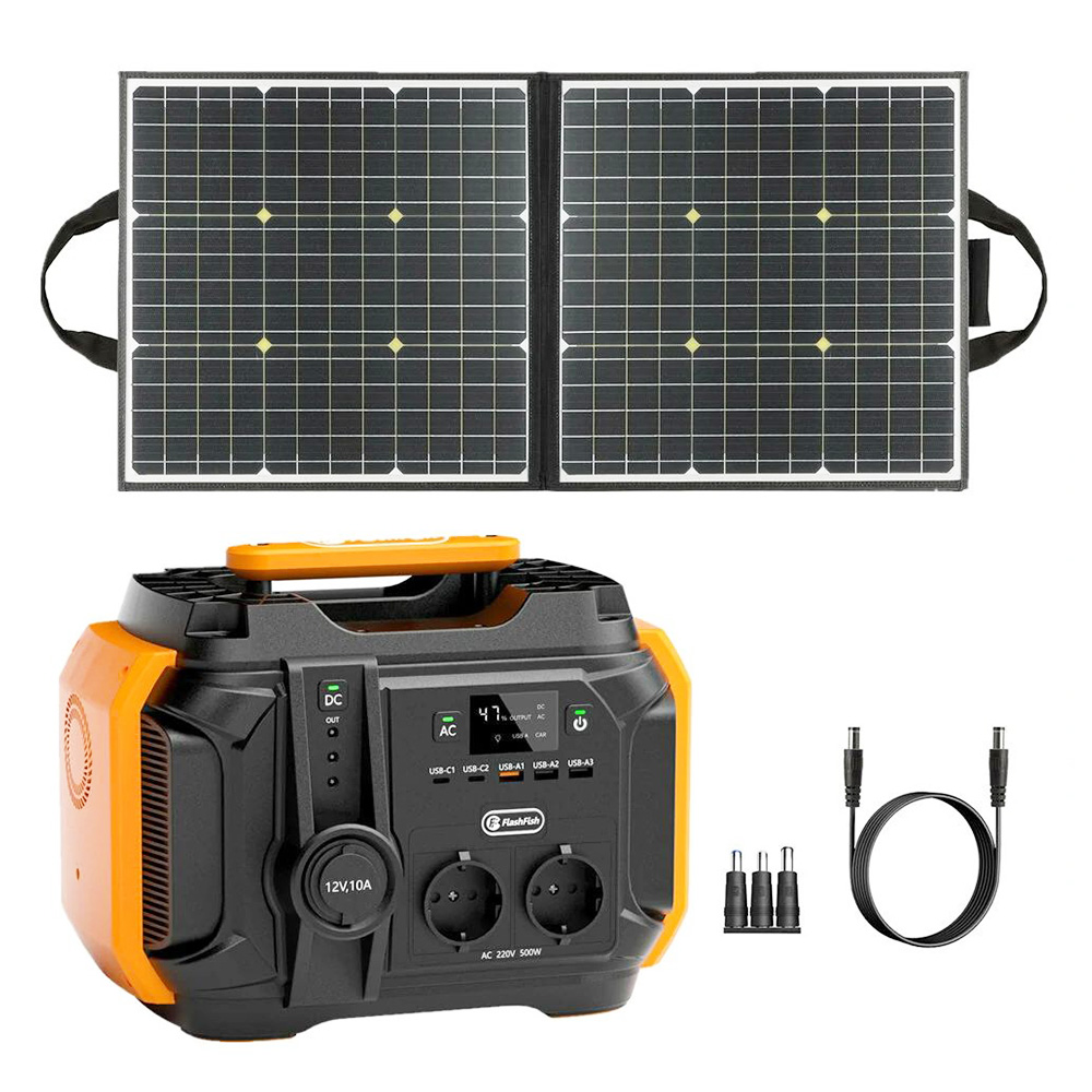 Flashfish A501 540Wh 500W Portable Power Station + SP 18V 100W Foldable Solar Panel Outdoor Emergency Power Supply Kit