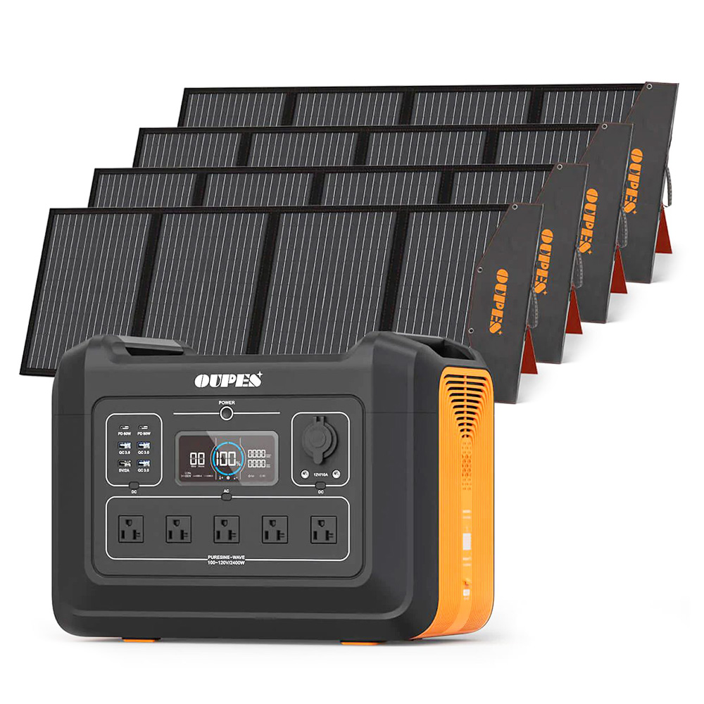 OUPES 2400W 2232Wh Portable Power Station + 4Pcs 240W Foldable Solar Panels Outdoor Power Supply Kit - US Plug