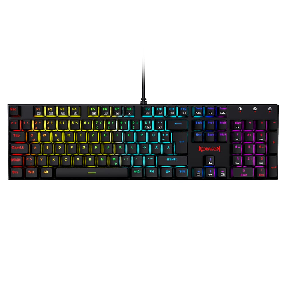 Redragon K105-RGB Mechanische Tastatur mit 565 Tasten, RGB-Hintergrundbeleuchtung, deutsches Layout, Aluminiumsockel, roter Schalter – Schwarz