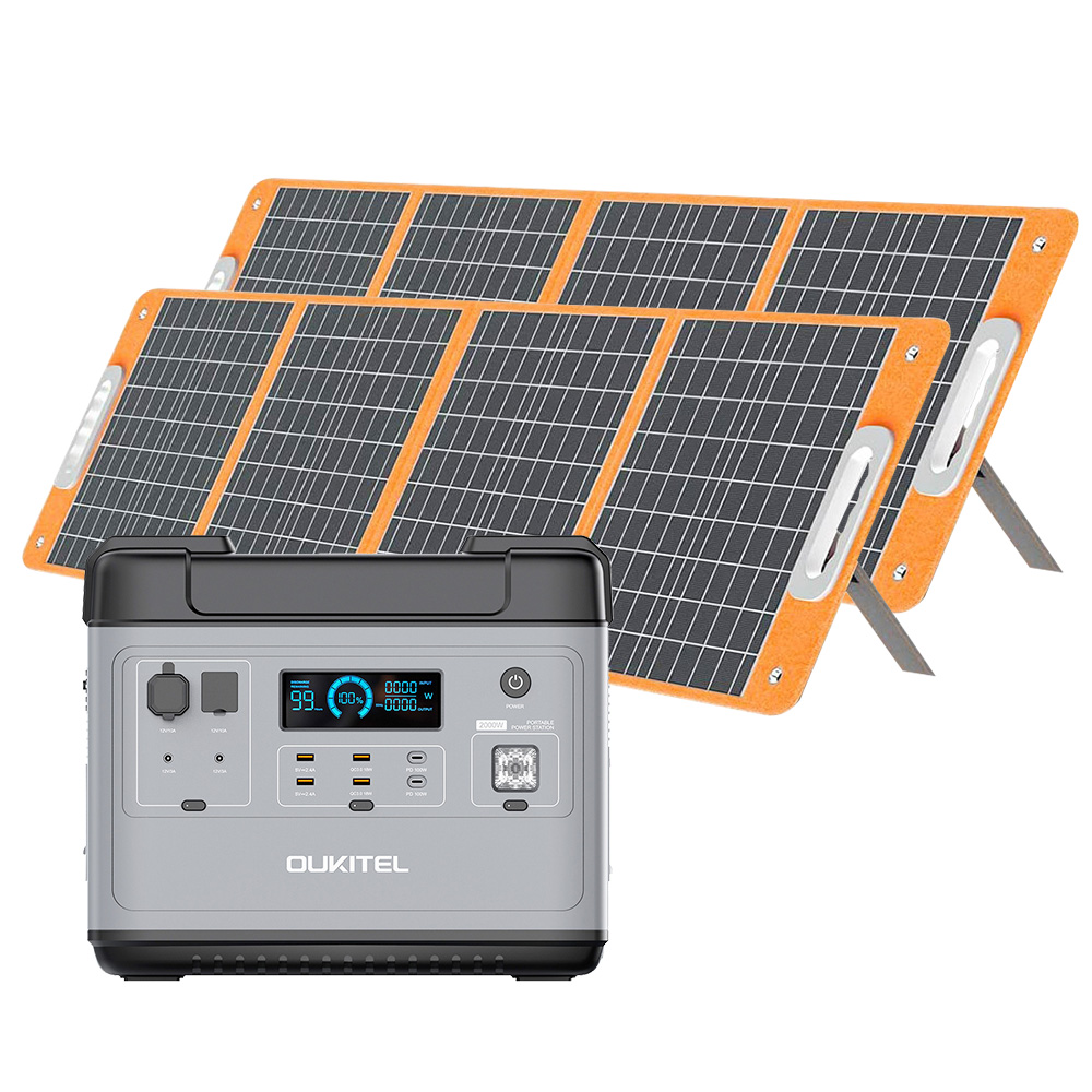 OUKITEL P2001 2000W Portable Power Station + 2Pcs Flashfish TSP 18V 100W Foldable Solar Panel Outdoor Power Supply Kit, 2000Wh LiFePO4 Battery 3500+ Cycles Pure Sine Wave AC Sockets,Cigar Lighter DC5521 USB-C PD, Super Fast Recharge Durable Generator