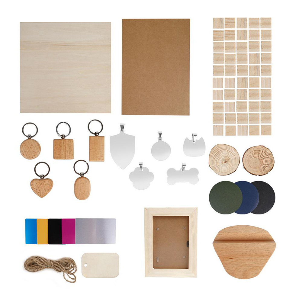 TVÅ TRÄD Engraver Material Pack Kit, trä/läder/rostfri bets/Kraft kartong för lasergravering/skärning, 75 st