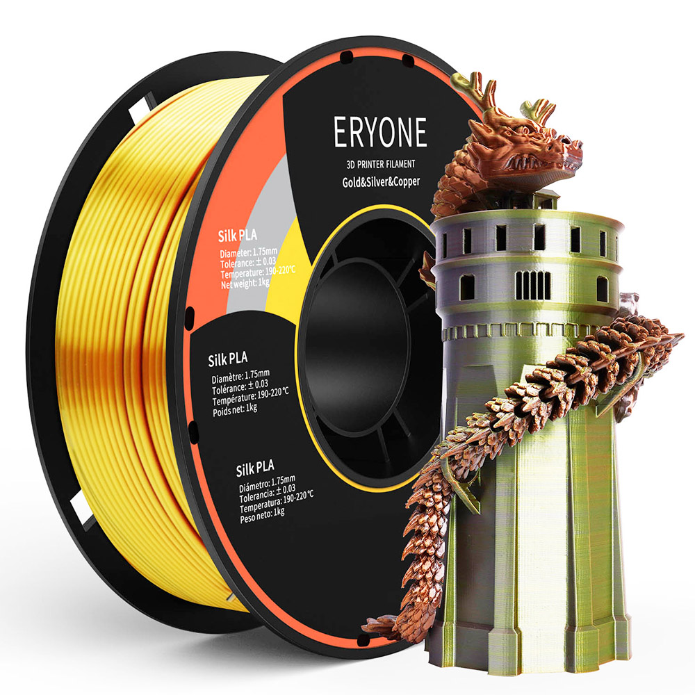 

ERYONE Triple-Color Silk PLA Filament for 3D Printers, 1.75mm Accuracy +/- 0.03 mm, 1kg (2.2LBS)/Spool - Gold + Silver + Copper