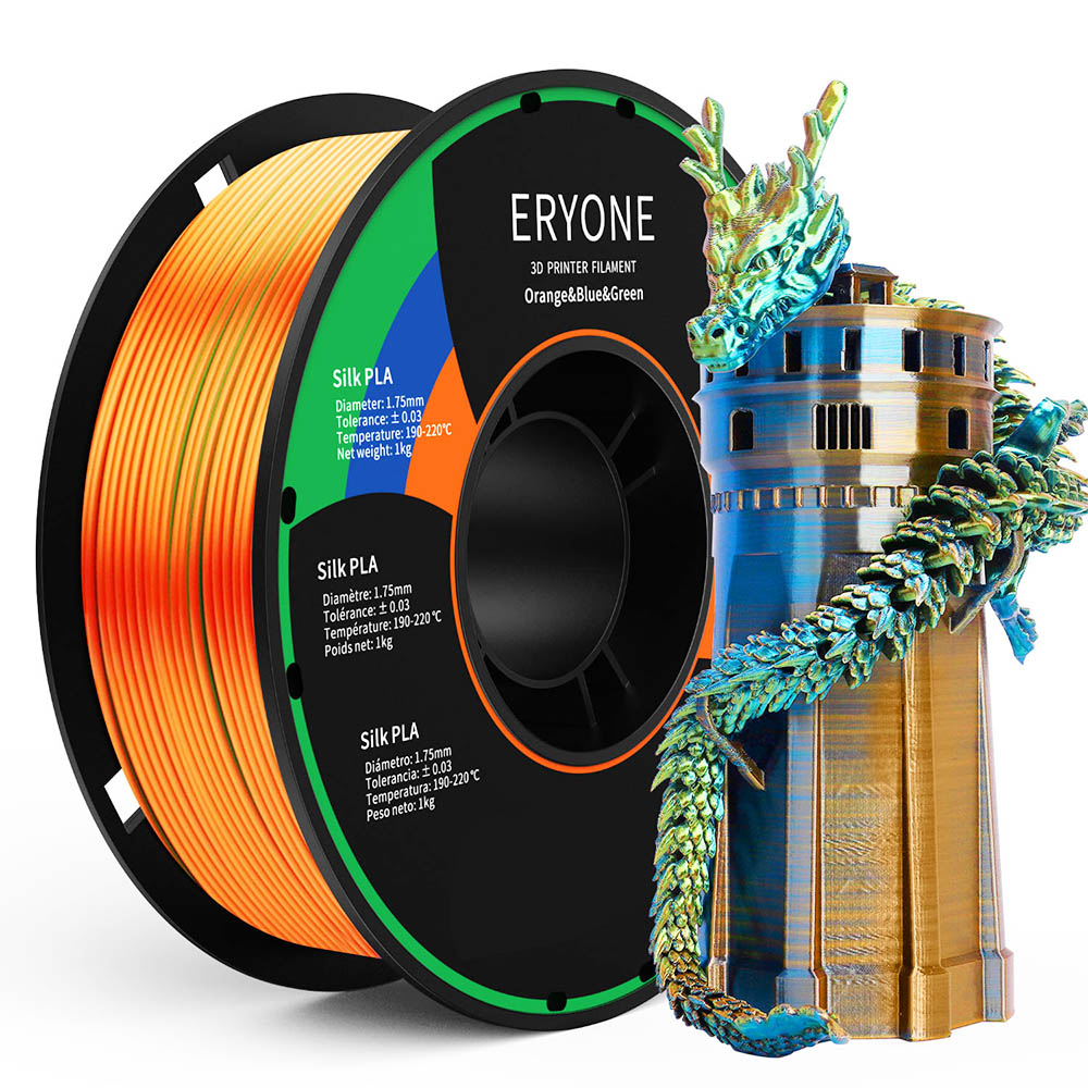 

ERYONE Triple-Color Silk PLA Filament for 3D Printers, 1.75mm Accuracy +/- 0.03 mm, 1kg (2.2LBS)/Spool - Orange + Blue + Green
